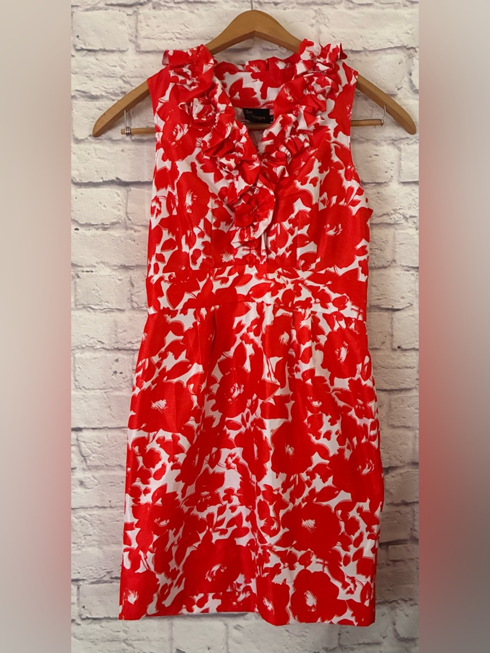 Just Taylor Women’s Red Floral Ruffle Neck Dress - Size 8